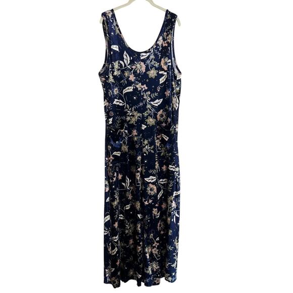 Earthbound Trading Company Womens Jumpsuit XXL Blue Floral Velvet Wide Leg - Picture 1 of 6